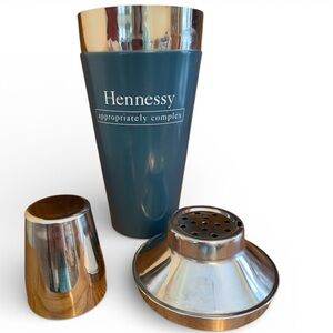Vintage Hennessy “Appropriately Complex” Cocktail Shaker Blue & Chrome 3-Piece